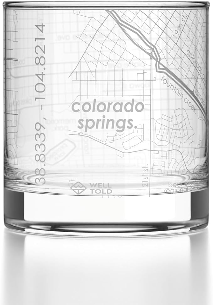 Well Told Engraved Colorado Springs Colorado Map Rocks Glass, Old Fashioned Glassware (11 oz, Clear) Etched Bourbon Tumbler, Gifts For Whiskey Lovers
