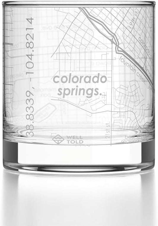 Well Told Engraved Colorado Springs Colorado Map Rocks Glass, Old Fashioned Glassware (11 oz, Clear) Etched Bourbon Tumbler, Gifts For Whiskey Lovers