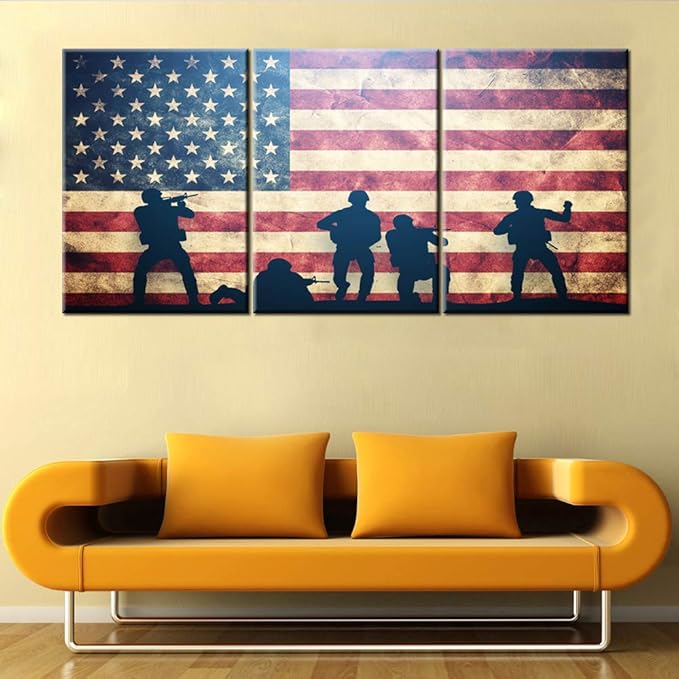 Native American Flag Pictures Soldier Silhouette Paintings Patriotic Wall Art Red Artwork 3 Piece Prints on Canvas Living Room House Decorations Framed Gallery-Wrapped Ready to Hang(42''Wx20''H)
