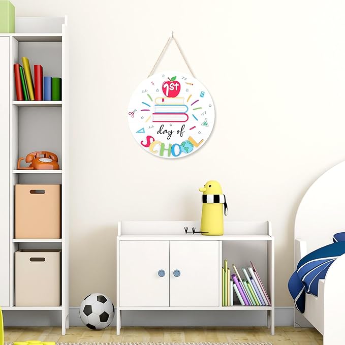CHDITB First Day of School Sign Back to School Wooden Hanging Sign, Colorful Welcome School Party Outdoor Deco for Classroom Decorations Round 3D Book Wooden Plaque for Classroom Nursery Decor