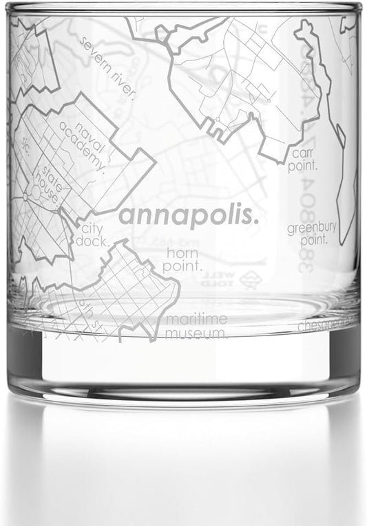Well Told Engraved Annapolis Maryland Map Rocks Glass, Old Fashioned Glassware (11 oz, Clear) Etched Bourbon Tumbler, Gifts For Whiskey Lovers