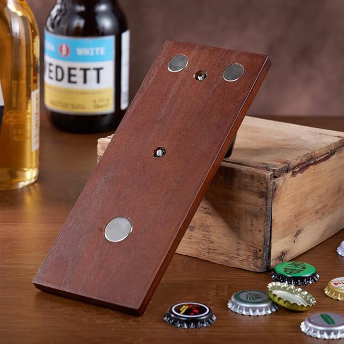 Magnetic Bottle Opener with Cap Catcher, Wooden Wall Mounted Opener, Ideal Gift for Men Dad and Beer Lovers, Use as Kitchen-Yard-Bar Decoration.