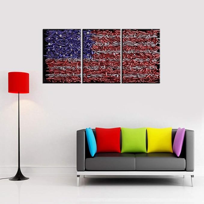 Military Bullet Pictures for Living Room Native American Flag Painting Patriotism Wall Art Abstract Red Artwork Prints on Canvas Modern House Decor Wooden Stretched Framed Ready to Hang(42''Wx20''H)