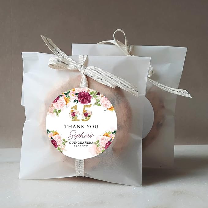 Andaz Press 40-Pack Personalized 2" Round Circle Quinceañera Labels, Burgundy & Blush Florals Custom Thank You Sticker Labels for Mis Quince XV, 15th Birthday Favor Gifts, Quince Decorations