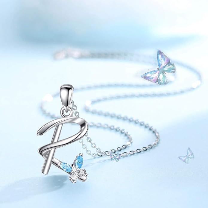 EUDORA Sterling Silver Butterfly Initial Necklaces for Women, Elegant Letter Neckles Personalized Gift for Mother, Sister, Daughter, 18 inch Chai