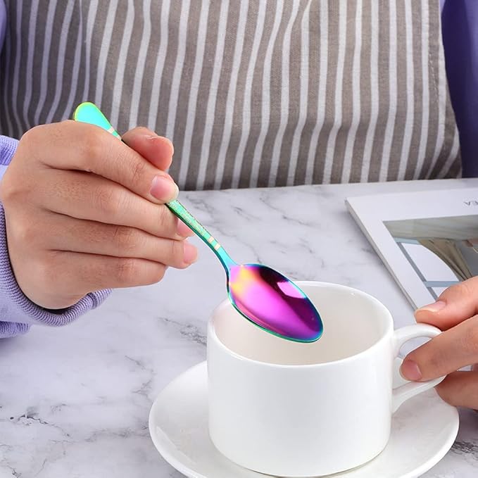Rainbow Unique Pattern Design Coffee Espresso Spoons Mini, Mingcheng Stainless Steel Small Teaspoons Silverware Set of 6, BISDARUN 5.5 Inches Food Spoons for Demitasse Dessert Tea