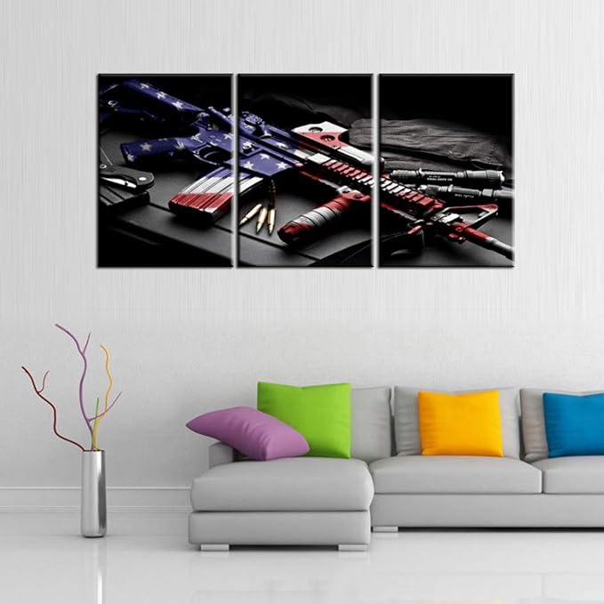 Native America Paintings Wall Pictures for Living Room Red USA Flag Patriotism Artwork 3 Panel Canvas Wall Art HD Prints Home Decorations Wooden Framed Gallery-Wrapped Ready to Hang(48''Wx24''H)