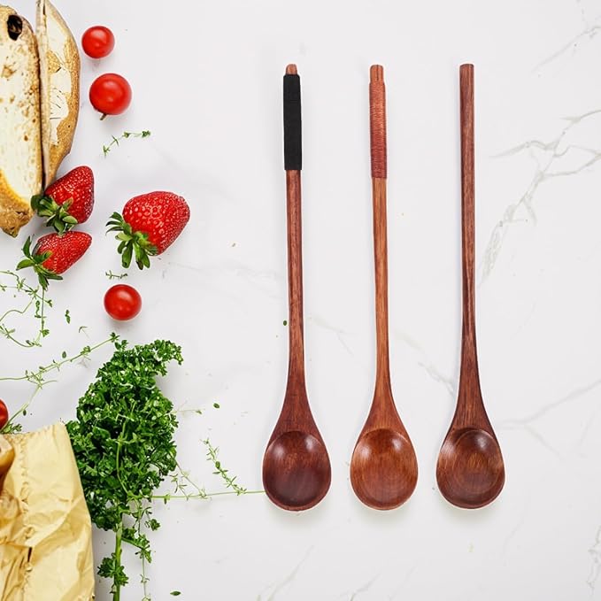 Unomor 3pcs Long Handle Wooden Coffee Spoon Set Handmade Honey Stirring Spoon for Coffee Tea and Desserts for Mixing Cream Sugar and Jams