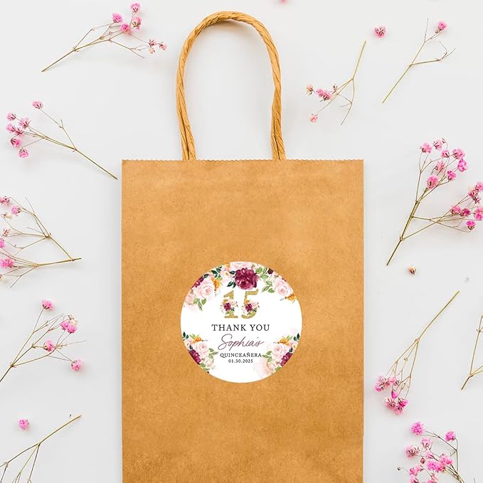 Andaz Press 40-Pack Personalized 2" Round Circle Quinceañera Labels, Burgundy & Blush Florals Custom Thank You Sticker Labels for Mis Quince XV, 15th Birthday Favor Gifts, Quince Decorations