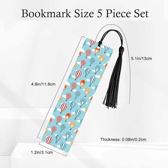 Hot Air Balloons 5 Pcs Bookmarks Colorful Festival Blue Sky White Clouds Wooden Bookmarks with Tassel for Students Reader Teachers Book Lovers