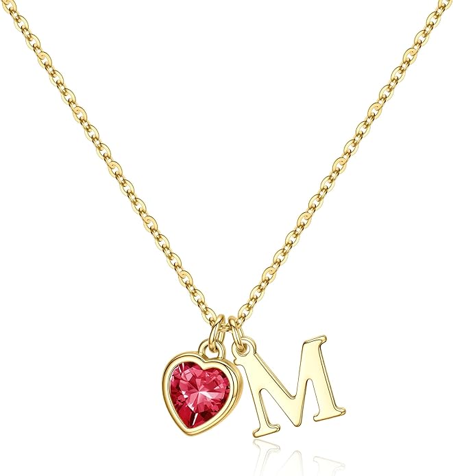 Turandoss Valentines Day Gifts for Her Trendy, Dainty 14K Gold Plated Initial A-Z Heart Birthstone Pendant Necklace Personalized Bridesmaid Birthday Valentines Jewelry Gifts for Women Girls