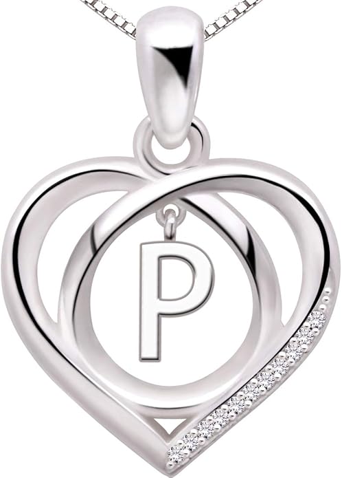 ALOV Jewelry Sterling Silver Initial Letter Alphabet Love Heart Cubic Zirconia Pendant Necklace