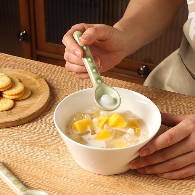 4-PCS hand-painted ceramic afternoon tea and coffee stirring spoon set, long-handled dessert spoons, handcrafted ceramic spoons, coffee spoons, teaspoons, size 4.9*1.3in (12.5*3.5cm) (Round handle)