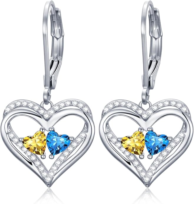 Heart Leverback Earrings Double Birthstone Dangle Earrings for Women, Love Jewelry for Her, Christmas Gifts for Women, Anniversary Birthday Gift for Mom Wife Girlfriend