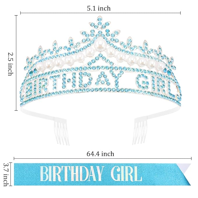 Blue Birthday Girl Crown and Sash, Pearl Birthday tiara, Blue Birthdays Decorations Set, Princess Crown Tiara for Women and Girls