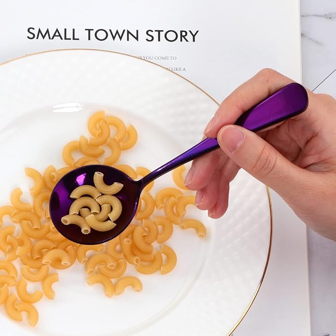 Buyer Star 8 Pieces Stainless Steel Round Soup Spoon, 6.3 Inch Mirror Polished Spoon Cutlery, Dishwasher Safe (Purple)