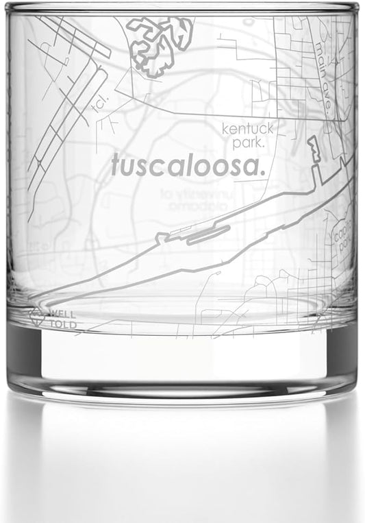 Well Told Engraved Tuscaloosa Alabama Map Rocks Glass, Old Fashioned Glassware (11 oz, Clear) Etched Bourbon Tumbler, Gifts For Whiskey Lovers