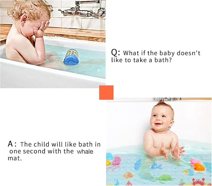 Bath Mat for Tub Non Slip, Machine Washable Anti Slip Cartoon Baby Bathtub Shower Mat with Drain Holes and Suction Cups for Toddler & Kids, 40 Inch x 16 Inch-Rectangular, Little Whale