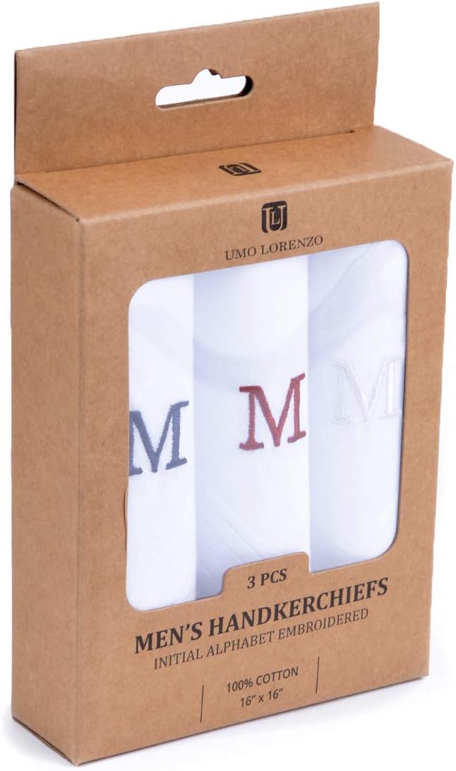 Initial Handkerchief for Men, Monogrammed Boxed 3 Piece Set,100% Cotton