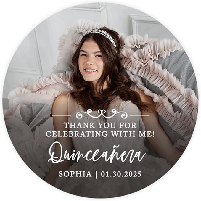 Andaz Press 40-Pack Personalized 2" Round Circle Quinceañera Labels Thank You for Celebrating with Me Sticker with Custom Photo for Quince Favors, Invitations, 15th Birthday, Decorations