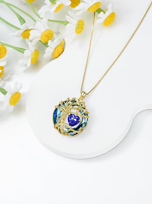TOUPOP Tree of Life Birthstone Necklace 925 Sterling Silver Pendant Austrian Crystal Jewelry Anniversary Valentine's Day Birthday Gifts for Women Mom Her Wife