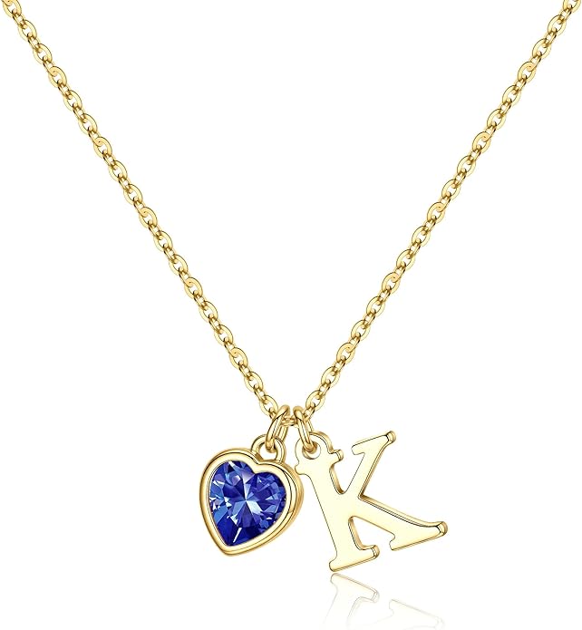 Turandoss Valentines Day Gifts for Her Trendy, Dainty 14K Gold Plated Initial A-Z Heart Birthstone Pendant Necklace Personalized Bridesmaid Birthday Valentines Jewelry Gifts for Women Girls