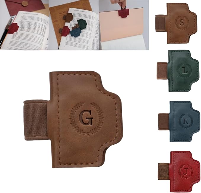 Personalized Magnetic Bygone Mark Bookmark with Pen Holder, 26 Letters Name Initial Custom Leather Book Mark for Women, Gifts for Book Lovers and Readers (Brown,G)
