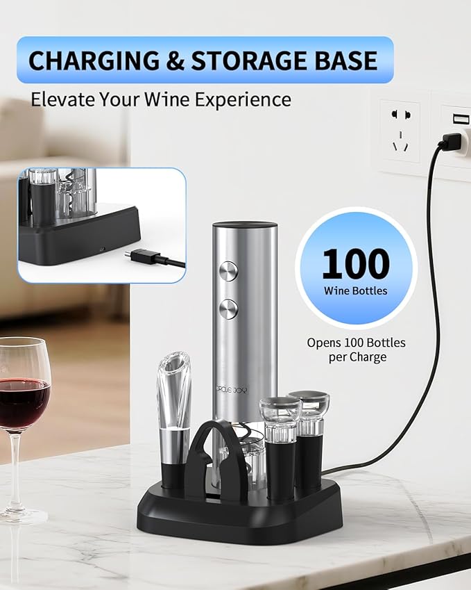 CIRCLE JOY Electric Wine Opener Stainless Steel Rechargeable Automatic Wine Bottle Opener Set 7-in-1 Top Gifts for Wine Lovers with Charging Base, Foil Cutter, Wine Aerator Pourer & 2 Vacuum Stoppers
