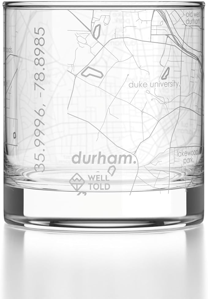 Well Told Engraved Durham North Carolina Map Rocks Glass, Old Fashioned Glassware (11 oz, Clear) Etched Bourbon Tumbler, Gifts For Whiskey Lovers