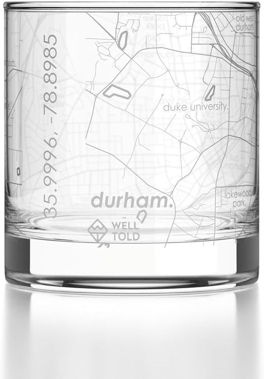 Well Told Engraved Durham North Carolina Map Rocks Glass, Old Fashioned Glassware (11 oz, Clear) Etched Bourbon Tumbler, Gifts For Whiskey Lovers