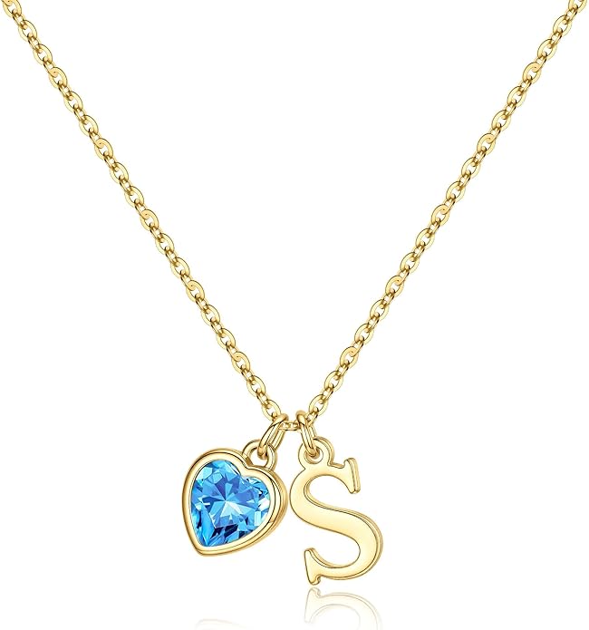 Turandoss Valentines Day Gifts for Her Trendy, Dainty 14K Gold Plated Initial A-Z Heart Birthstone Pendant Necklace Personalized Bridesmaid Birthday Valentines Jewelry Gifts for Women Girls
