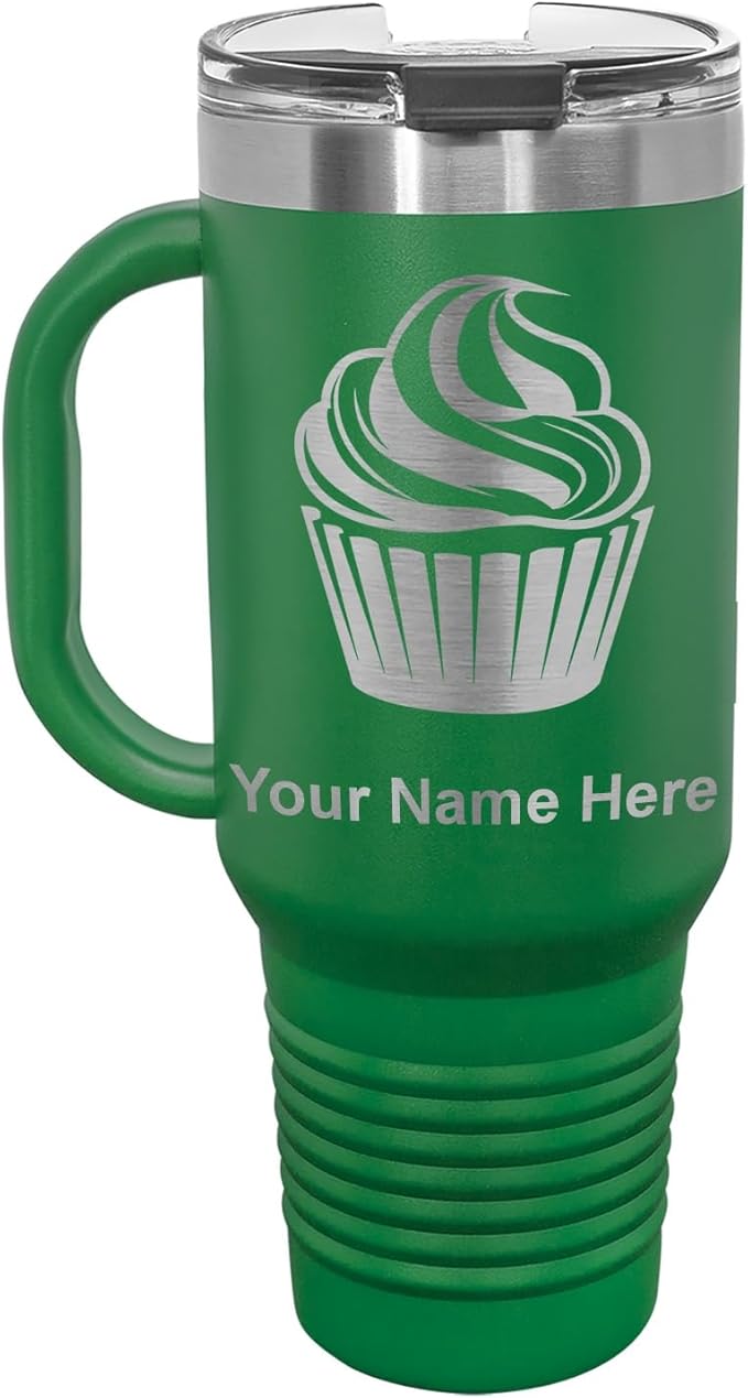 LaserGram 40oz Vacuum Insulated Travel Mug with Handle, Cup Cake, Personalized Engraving Included (Green)
