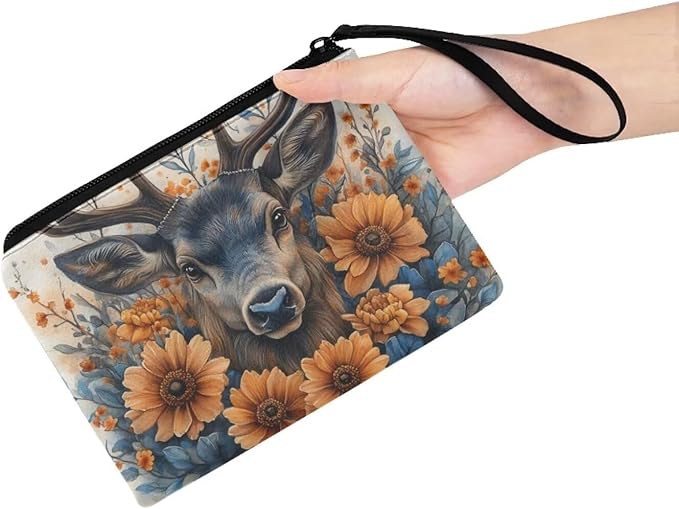 Dolyues Deer Coin Purse For Women Flowers Zipper Coin Wallet Women's Change Purse Trendy Womens Wallets And Change Purses for Party Shopping