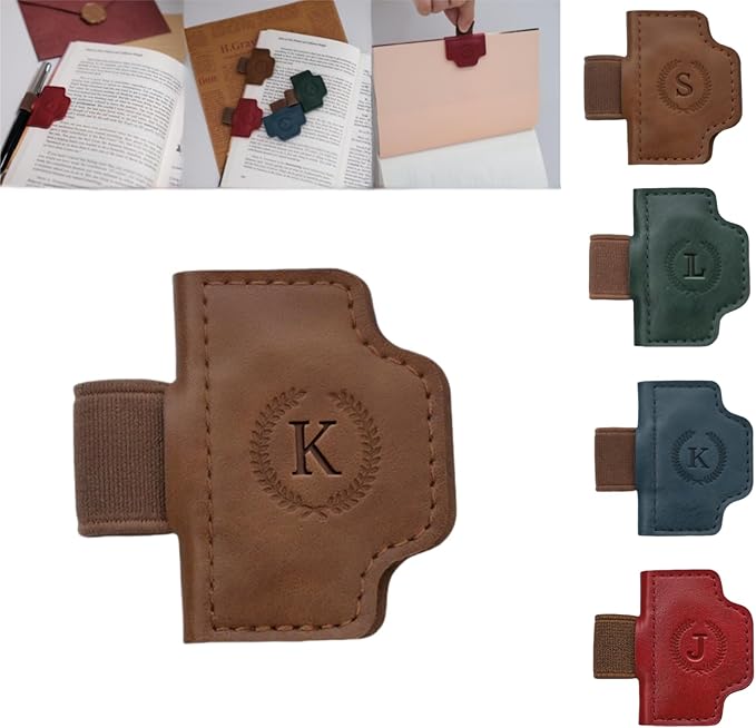 Personalized Magnetic Bygone Mark Bookmark with Pen Holder, 26 Letters Name Initial Custom Leather Book Mark for Women, Gifts for Book Lovers and Readers (Brown,K)