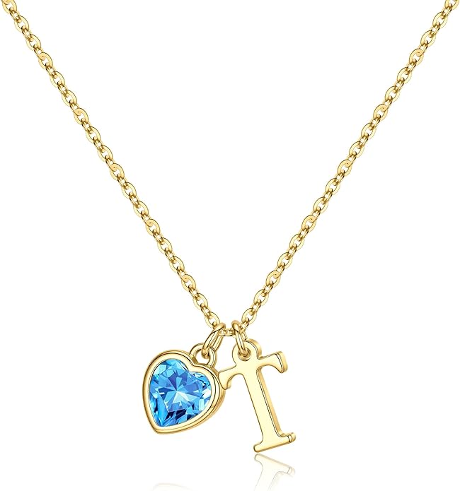 Turandoss Valentines Day Gifts for Her Trendy, Dainty 14K Gold Plated Initial A-Z Heart Birthstone Pendant Necklace Personalized Bridesmaid Birthday Valentines Jewelry Gifts for Women Girls