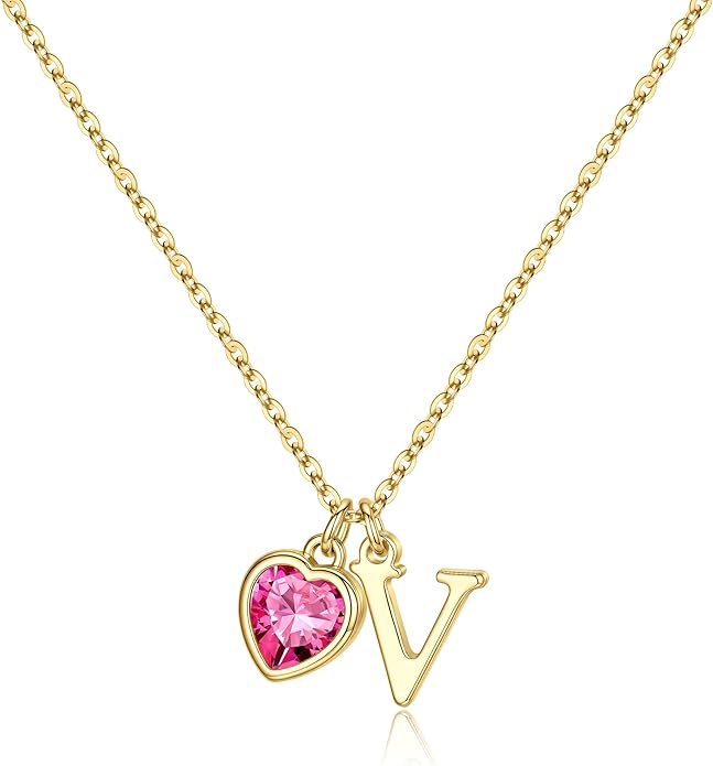Turandoss Valentines Day Gifts for Her Trendy, Dainty 14K Gold Plated Initial A-Z Heart Birthstone Pendant Necklace Personalized Bridesmaid Birthday Valentines Jewelry Gifts for Women Girls