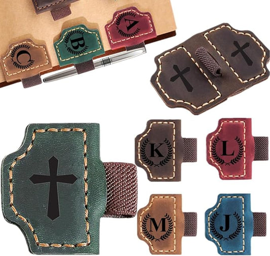 Custom Bookmark with Pen Holder with 26 Letters Personalized Magnetic Leather Book Mark, Customized Name Book Marker Clip with Initial for Men Women, Gifts for Book Lovers, Readers (Green, Cross -1)