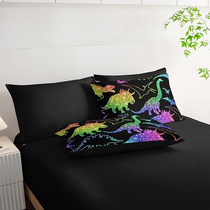 Rainbow Dinosaur Comforter Set (7 Piece) - Kids Bedding Black Dinosaur Duvet Set for Boys Girls Teens, Quilt Bed Set with 2 Pillow Shams, Flat Sheet & Fitted Sheet (Queen) - Room Decor Gifts