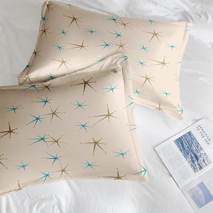 Comforter Set Twin Size, Mid Century Vintage Atomic 5 Pcs Bedding for Kids and Adults, Retro Geometric Science Bed Sheet Sets with Fitted Sheet Pillowcase & Sham for Bedroom Bed Decor