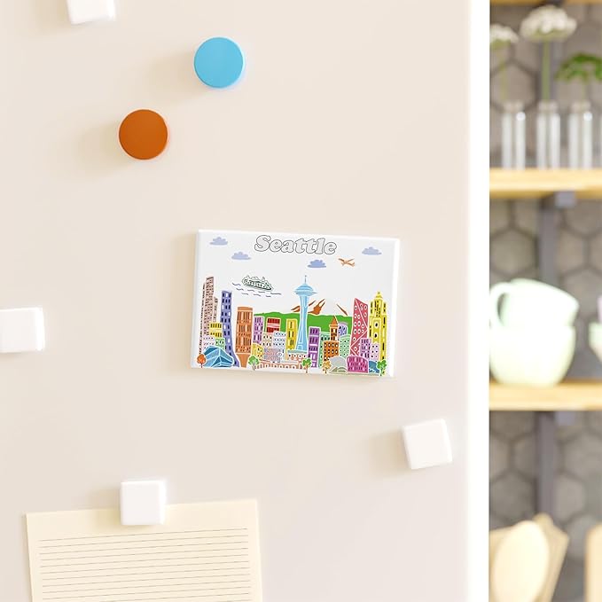 City Themed Artwork Magnet Collection by Beary Blu - Designed in The USA, Collectible Souvenirs Gifts 2.5" x 3.5" (Seattle)