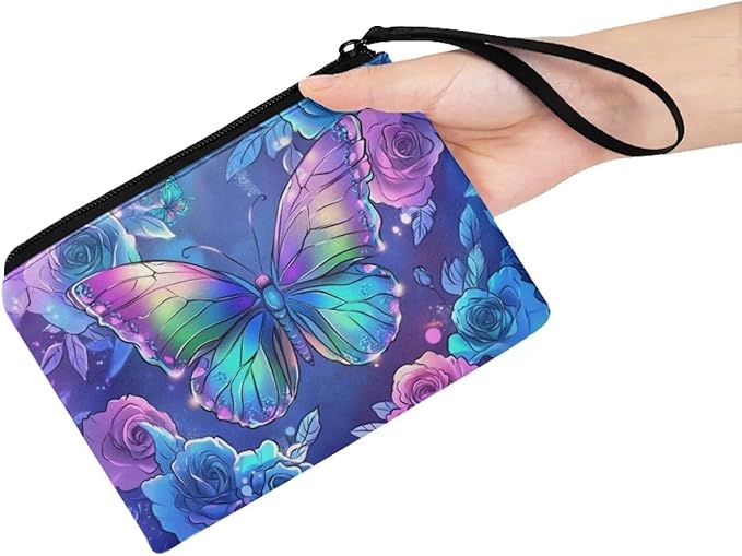 Dolyues Fashion Change Purses Pouch Bag Small Clutch Bags for Women, Coins/Cards Storage/Purple Butterfly and Rose Print Wallet Coin Purse with Wristlet