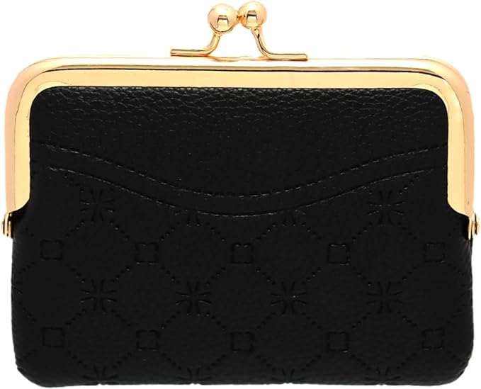 Coin Purse Vintage Bag Lock Wallet Buckle Kiss Lock change purse change holder wallet coin Leather coin wallet(F black)