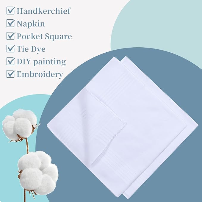 Men's Handkerchiefs 16 inches, 100% Cotton Handkerchiefs for Men, Soft White Hankies for Men