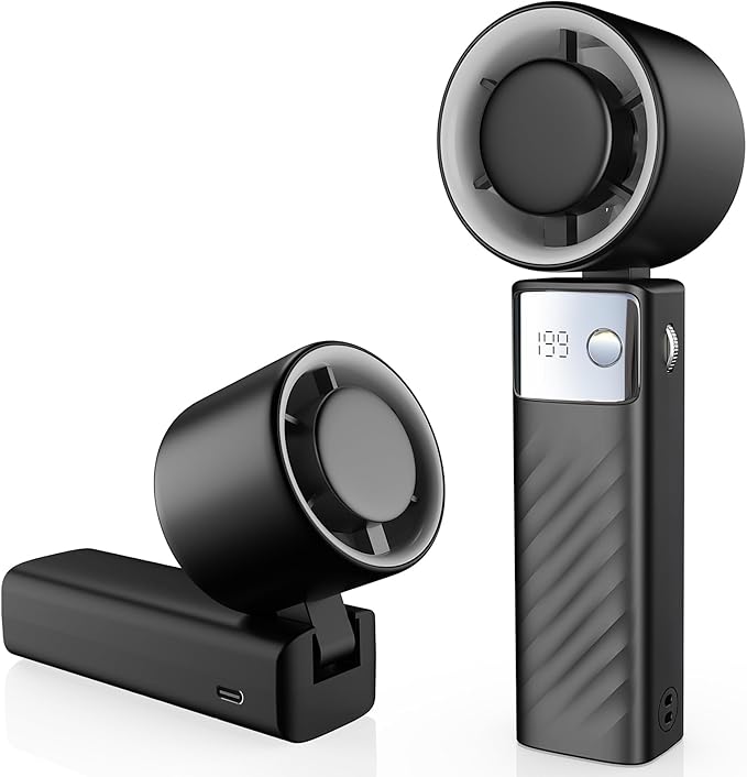 Portable Handheld Turbo Fan - Foldable Mini Fan with Air Turbo Tech, 1-199 Speed Adjustment, 20H Runtime, LED Display, Battery-Powered for Indoor/Outdoor Use, Dark Black