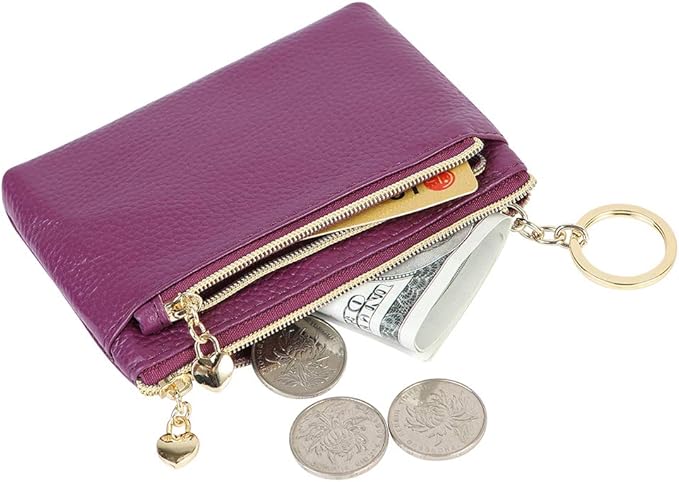 Women's Genuine Leather Coin Purse Zipper Pocket Size Pouch Change Wallet, Purple