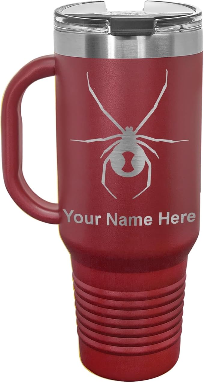LaserGram 40oz Vacuum Insulated Travel Mug with Handle, Black Widow Spider, Personalized Engraving Included (Maroon)