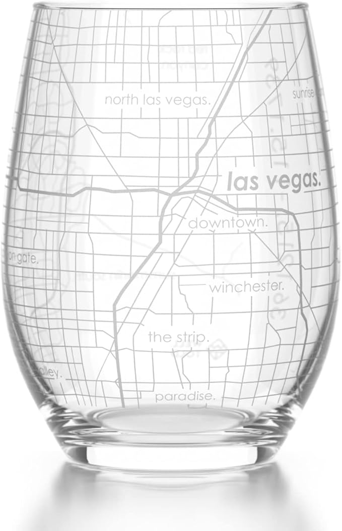 Well Told Engraved Las Vegas Nevada Map Stemless Wine Glass, Etched Glass (15 oz, Clear) City Custom Gifts for Lovers