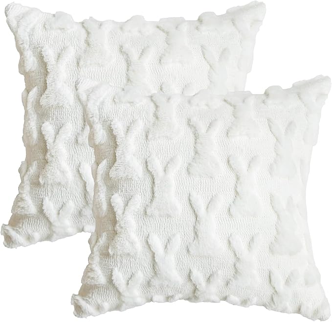 AVOIN colorlife Easter Rabbits Cream White Throw Pillow Covers, 18 x 18 Inch Bunny Soft Plush Faux Fur Jacquard Cushion Case Decoration for Sofa Couch Set of 2