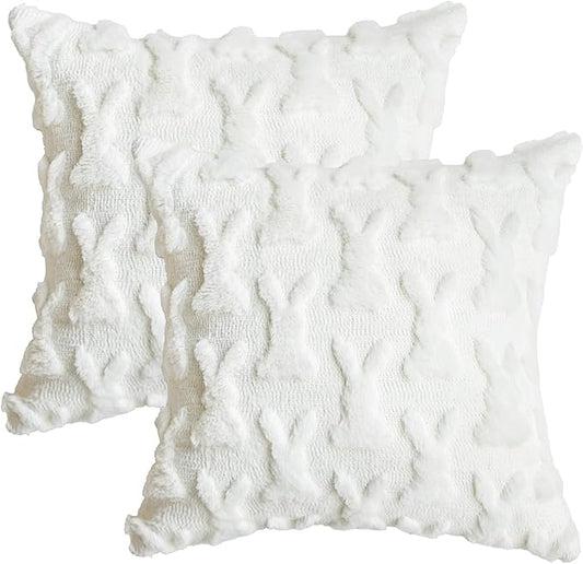 AVOIN colorlife Easter Rabbits Cream White Throw Pillow Covers, 18 x 18 Inch Bunny Soft Plush Faux Fur Jacquard Cushion Case Decoration for Sofa Couch Set of 2