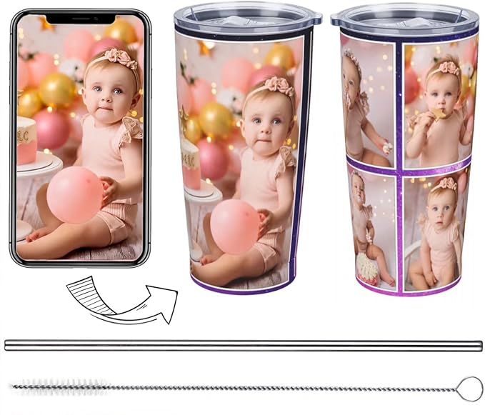Personalized Custom tumbler Coffee Mug with Lid and Straw Hot and Cold Stainless Steel Vacuum Insulated Travel Mug with Photo Personalized tumbler Gift (20 oz, Funnel, 5 photos